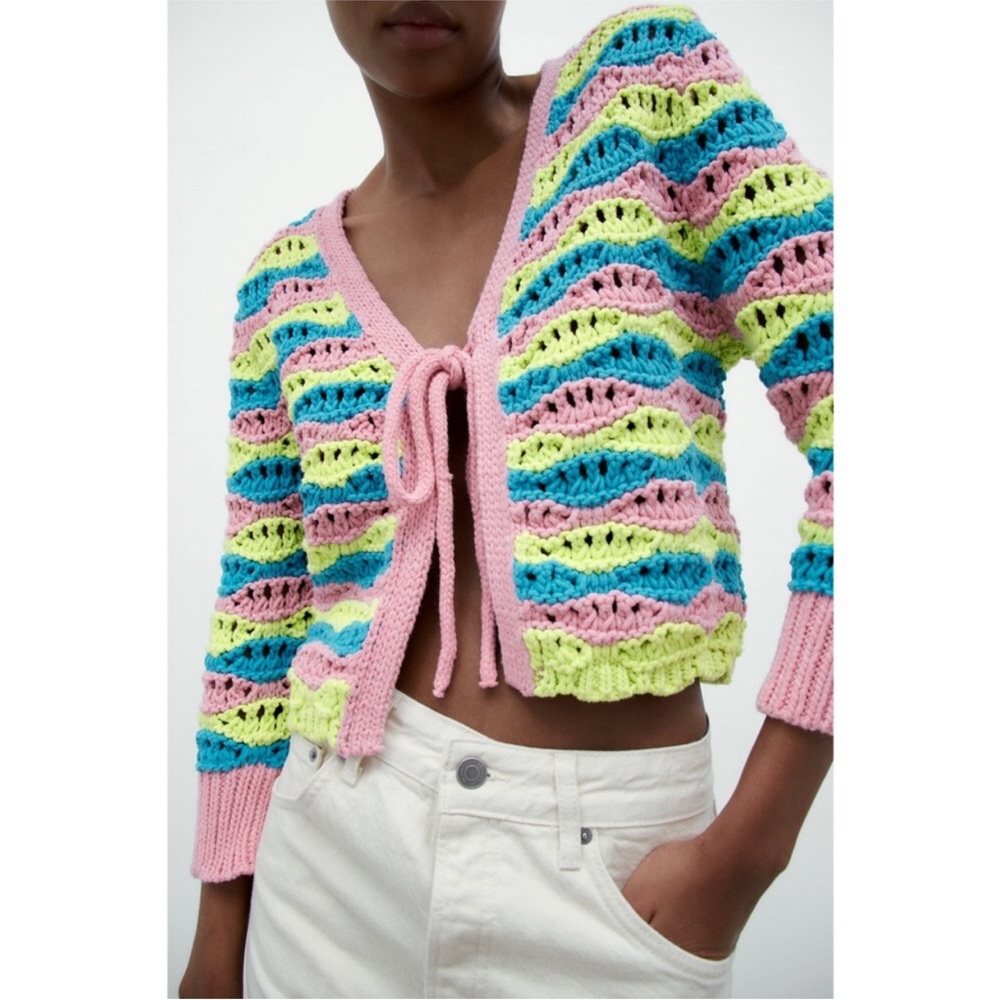 Zara Crochet Chunky Knit Cardigan Tie PInk Blue & Yellow Sz Small